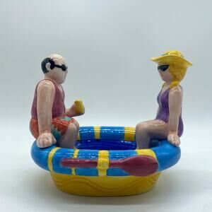 Summer Stock Hand Painted Swimming Tube Man Woman Boat Ceramic Bowl Dish 1999